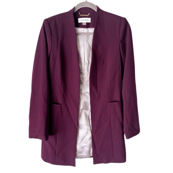 Calvin Klein Blazer Women's 2 Purple Collarless Open Front Tunic Length Career - Picture 1 of 8